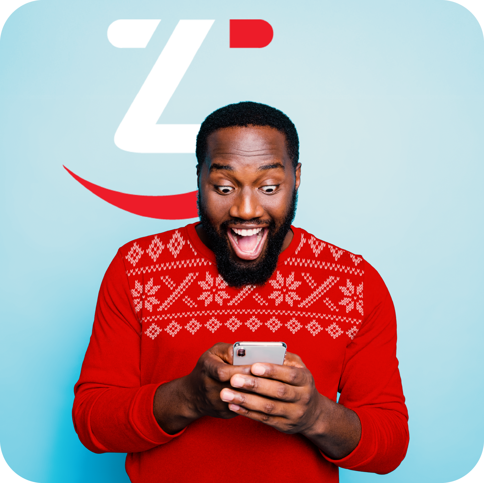 excited man in a holiday sweater looking at his phone